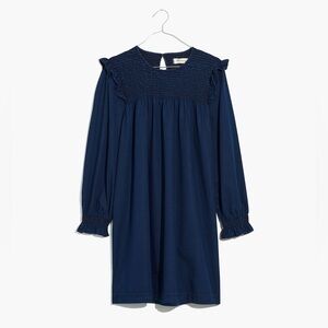 Madewell Indigo Ruffle-Neck Smocked Babydoll Dress